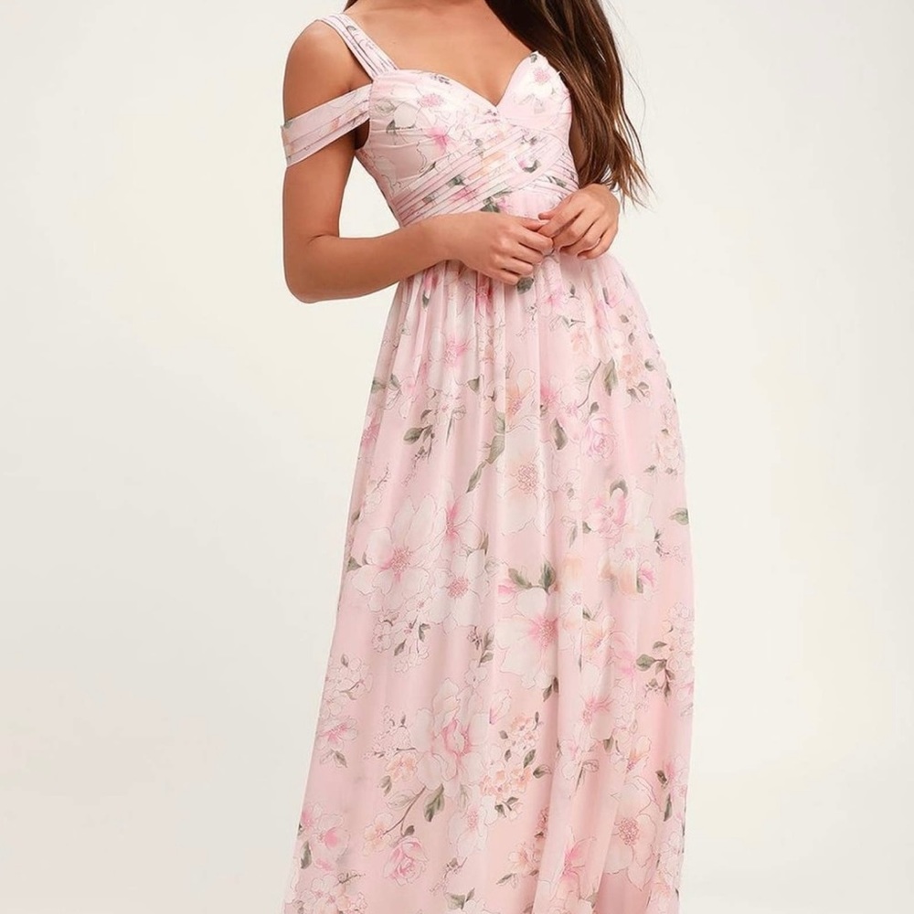 Lulus pink floral wedding guest maxi dress